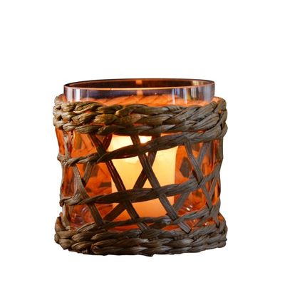 Round Creative Glass Candle Holders With Wicker Sleeve