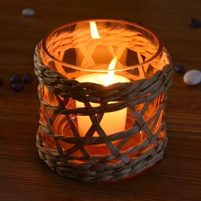 Round Creative Glass Candle Holders With Wicker Sleeve