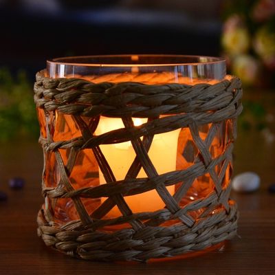 Round Creative Glass Candle Holders With Wicker Sleeve