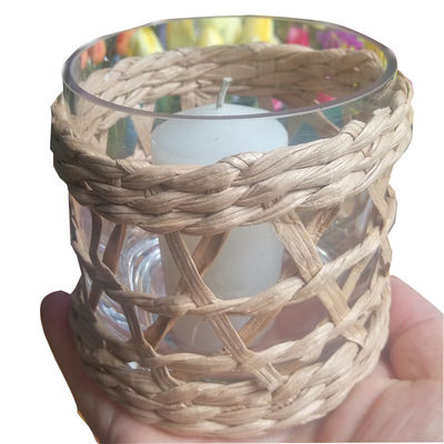 Round Creative Glass Candle Holders With Wicker Sleeve