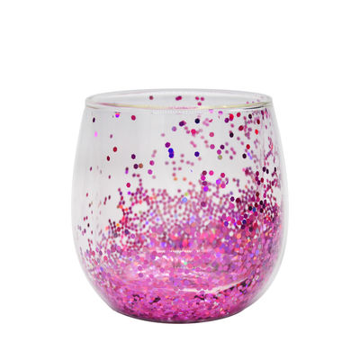 Customized Double Wall Glass Coffee Cup Decorative Glitter Tumbler Drinking Glasses