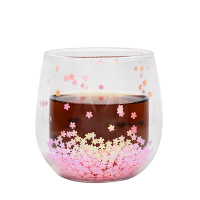 Customized Double Wall Glass Coffee Cup Decorative Glitter Tumbler Drinking Glasses