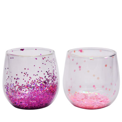 Customized Double Wall Glass Coffee Cup Decorative Glitter Tumbler Drinking Glasses