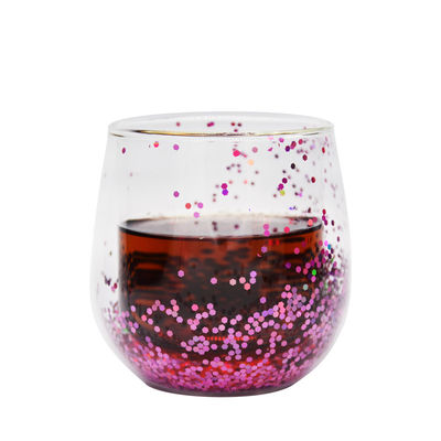 Customized Double Wall Glass Coffee Cup Decorative Glitter Tumbler Drinking Glasses