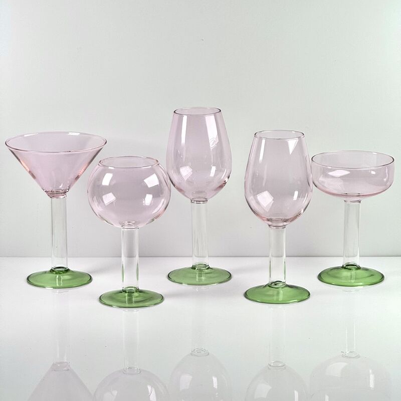 Qualità Hand Blown Borosilicate Stemmed Wine & Cocktail Glass Set, Pink Bowl with Green Hollow Stem Base, Colored Spray Tinted Art Goblets for Bar, Wedding & Table Decor fabbrica