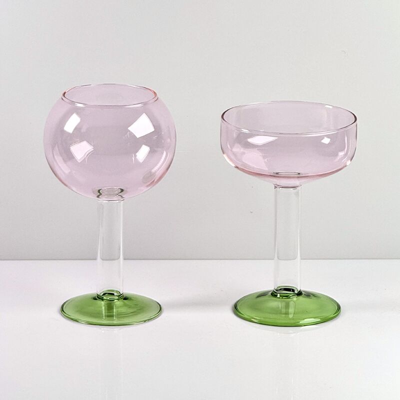 Qualità Hand Blown Borosilicate Stemmed Wine & Cocktail Glass Set, Pink Bowl with Green Hollow Stem Base, Colored Spray Tinted Art Goblets for Bar, Wedding & Table Decor fabbrica