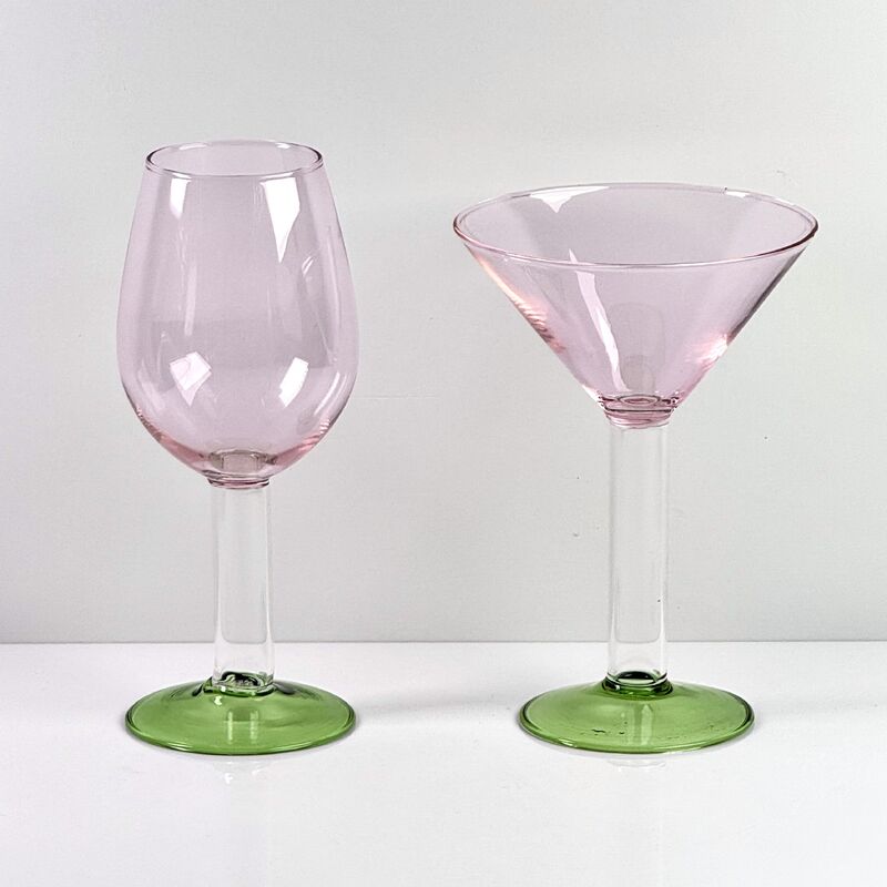 Qualità Hand Blown Borosilicate Stemmed Wine & Cocktail Glass Set, Pink Bowl with Green Hollow Stem Base, Colored Spray Tinted Art Goblets for Bar, Wedding & Table Decor fabbrica