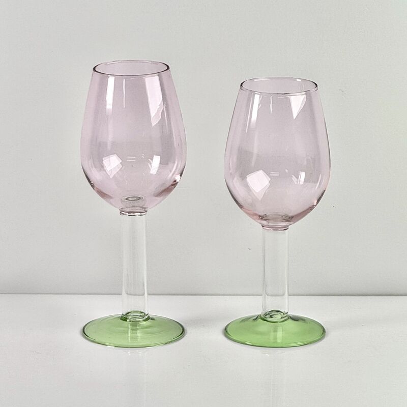 Qualità Hand Blown Borosilicate Stemmed Wine & Cocktail Glass Set, Pink Bowl with Green Hollow Stem Base, Colored Spray Tinted Art Goblets for Bar, Wedding & Table Decor fabbrica