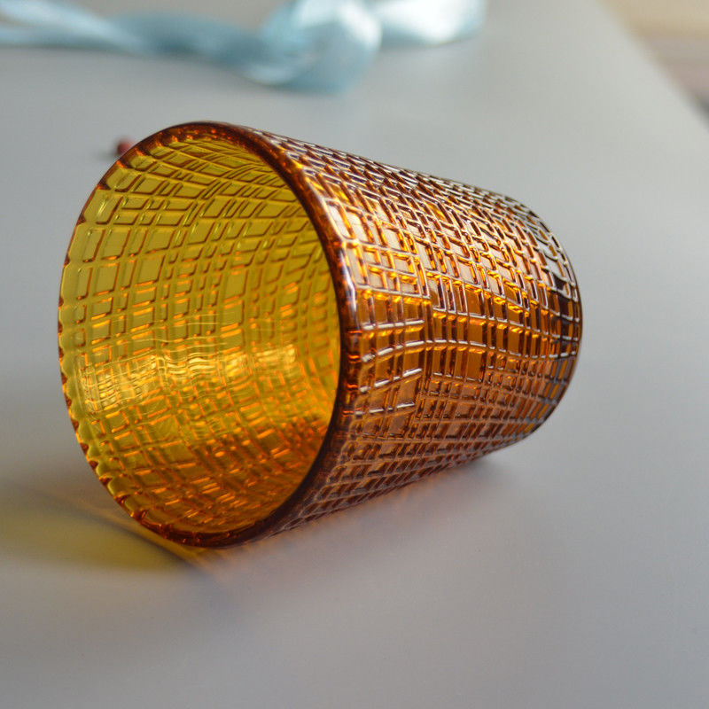 Embossed Linen Pattern Solid Amber Glass Tea Light Holders
