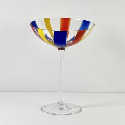 Qualità Hand Blown Art Glass Goblet & Coupe Glass Set, Vibrant Red Yellow Blue Vertical Cane Stripes Murano Style Stemmed Wine & Martini Glasses for Bar, Party & Gift fabbrica