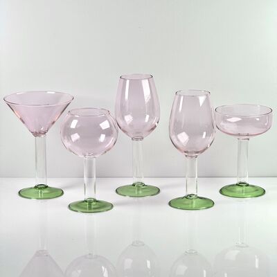 Qualità Hand Blown Borosilicate Stemmed Wine & Cocktail Glass Set, Pink Bowl with Green Hollow Stem Base, Colored Spray Tinted Art Goblets for Bar, Wedding & Table Decor fabbrica