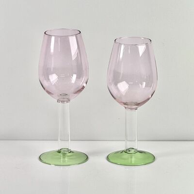 Qualità Hand Blown Borosilicate Stemmed Wine & Cocktail Glass Set, Pink Bowl with Green Hollow Stem Base, Colored Spray Tinted Art Goblets for Bar, Wedding & Table Decor fabbrica