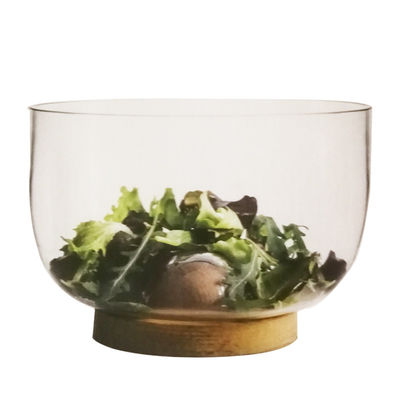 qualità 9" Crystal Storage Glass Salad Bowl progettato con cristallo soffiato a mano e supporto in legno massiccio che mostra un fondo di picco che migliora qualsiasi esperienza culinaria fabbrica